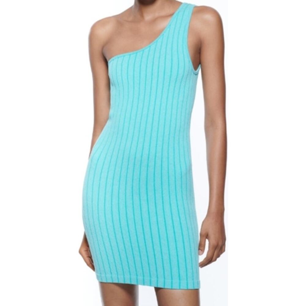 ZARA Seamless Asymmetric Dress One Shoulder Bodycon Ribbed Knit Neon Blue XS-S